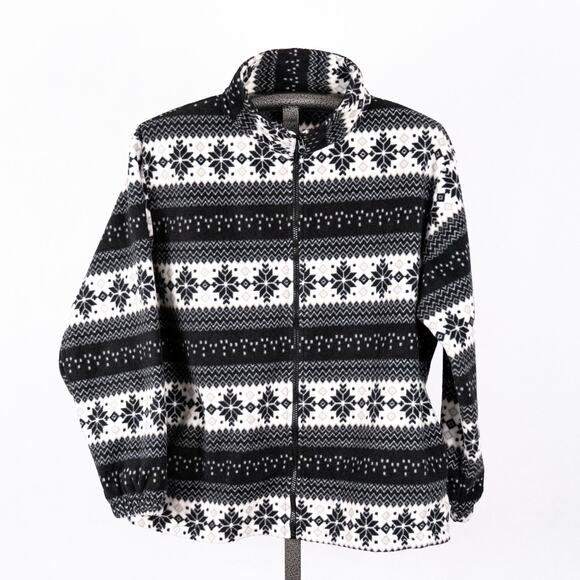 Women's Black & White Fair Isle Snowflake Cozy Fleece Jacket SZ MEDIUM Full Zip - Picture 1 of 6